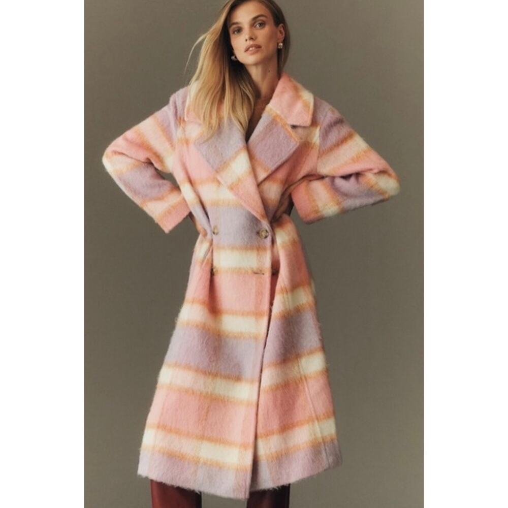 Anthropologie Maeve Wool Blend Plaid Long Coat Jacket Pink Romantic Sz L New